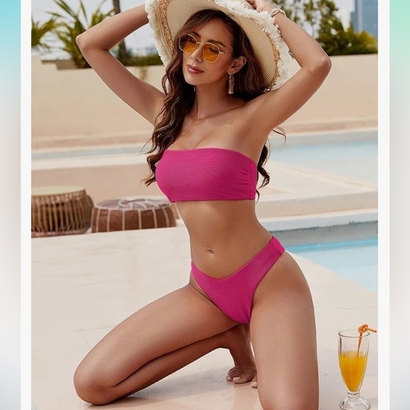 NWT ZAFUL Strapless Wave Bandeau Bikini 2 Piece Swimwear Cheeky Solid Lace up - Picture 2 of 6